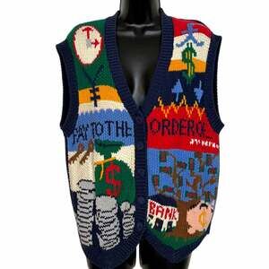 Vtg 90s Heirlooms Money Bank Sweater Vest XL Handknit Novelty Kitsch Piggy Bank